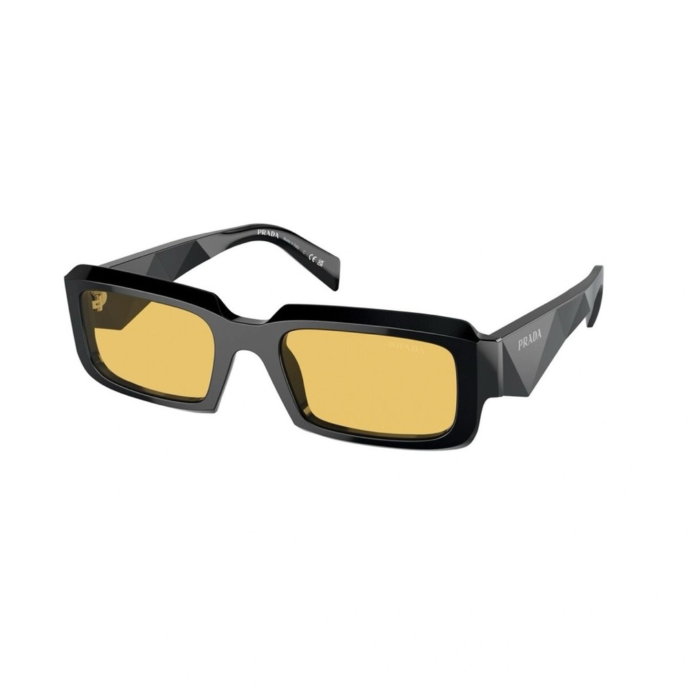 Prada Black Rectangular Geometric Sunglasses with Yellow Lenses